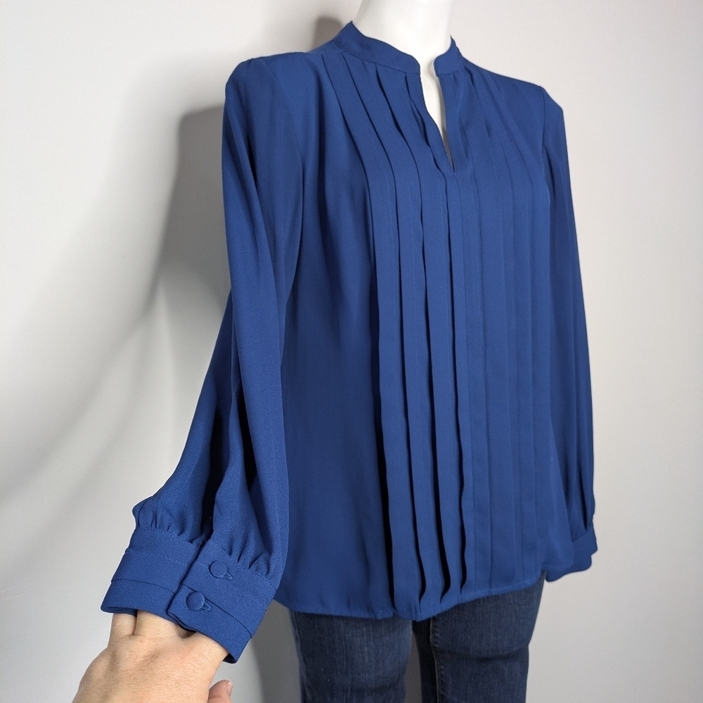 WHBM Blue Slit Neck Long Sleeve Professional Blouse 6 - Picture 4 of 8